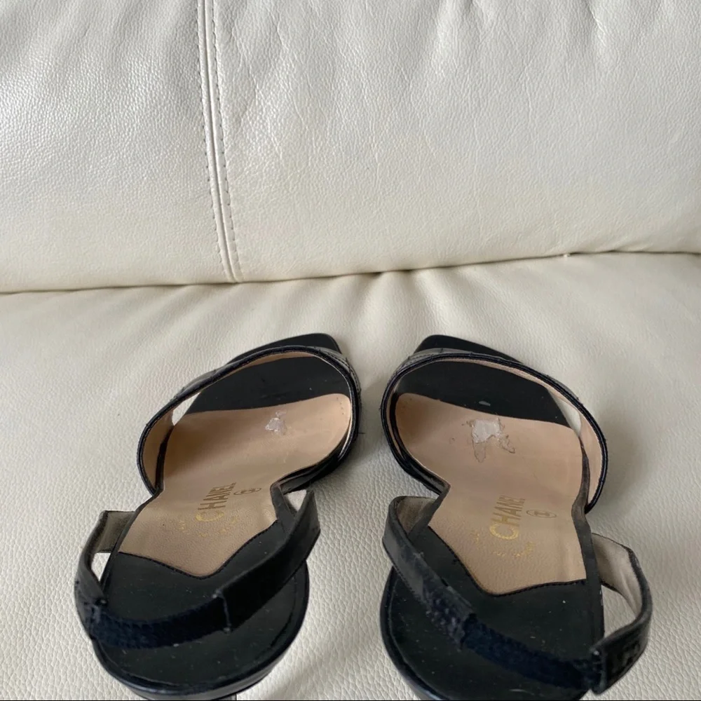 AUTHENTIC CHANEL Size 9 CHOCOLATE BAR BLACK SLING BACK STILETO HEELS RARE - Picture 3 of 3